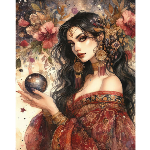 Tarot Card Crystal Ball Woman-Full Round Diamond Painting-40x50cm