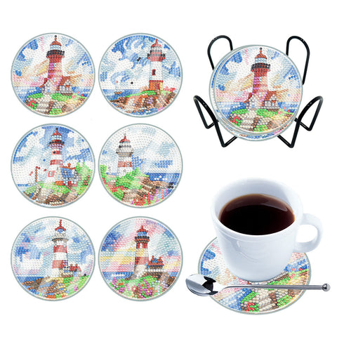 6Pcs/Set-Lighthouse-Acrylic Waterproof Diamond Coaster