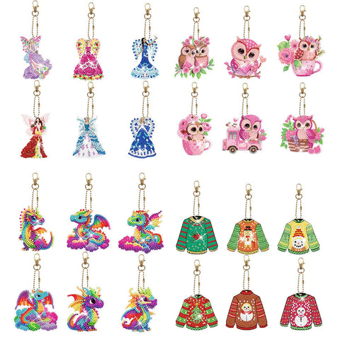 6pcs/Set-Lady/Dragon/Owl-Double Side Drill-Diamond Keychain