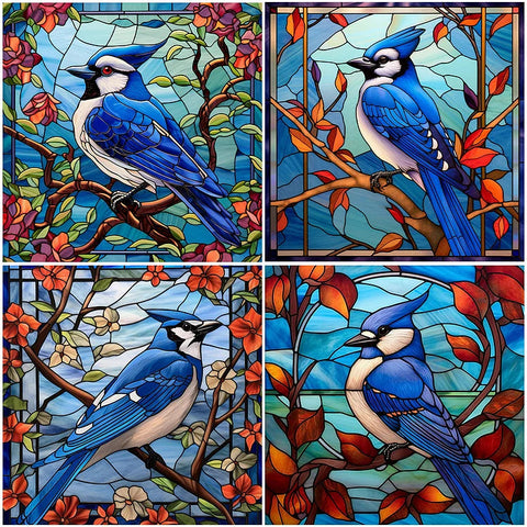 Stained Glass Blue Tit-Full Round Diamond Painting-30x30cm